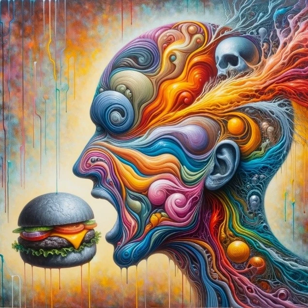 Ein KI generiertes BIld, das den Gehirnzustand beim Verspeisen eines Hamburgers beschreibt.
