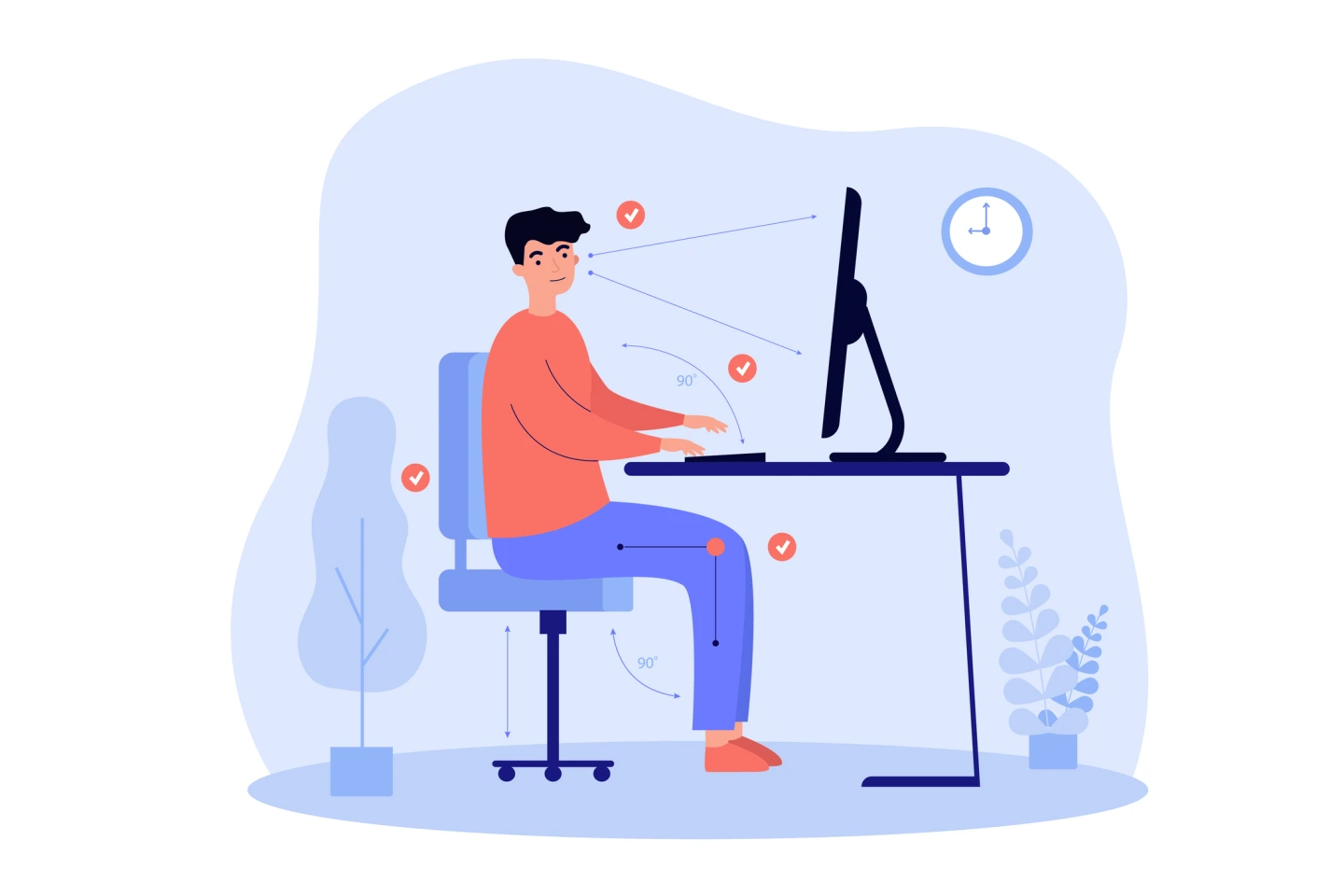 Cartoon-Typ, der in der richtigen Haltung für einen gesunden Rücken arbeitet und Abstand zwischen Computer und Augen hält. Ergonomisches Büroarbeitskonzept