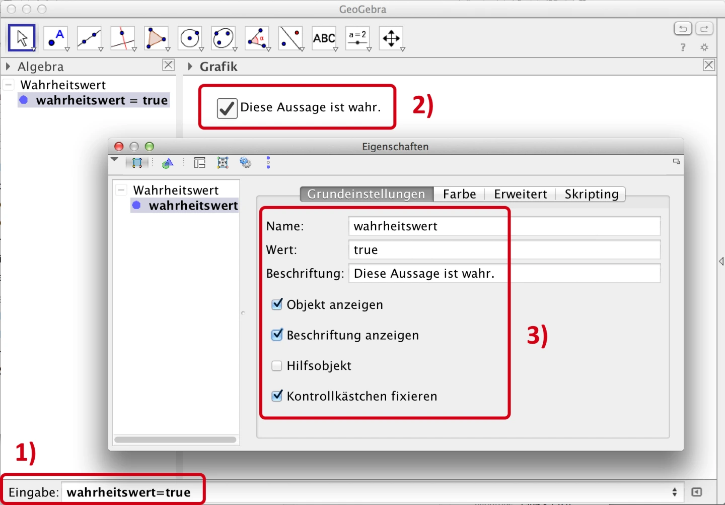 Screenshot GeoGebra Eigenschaften, Grundeinstellungen, Name Wert und Beschriftung hier rot umrandet
