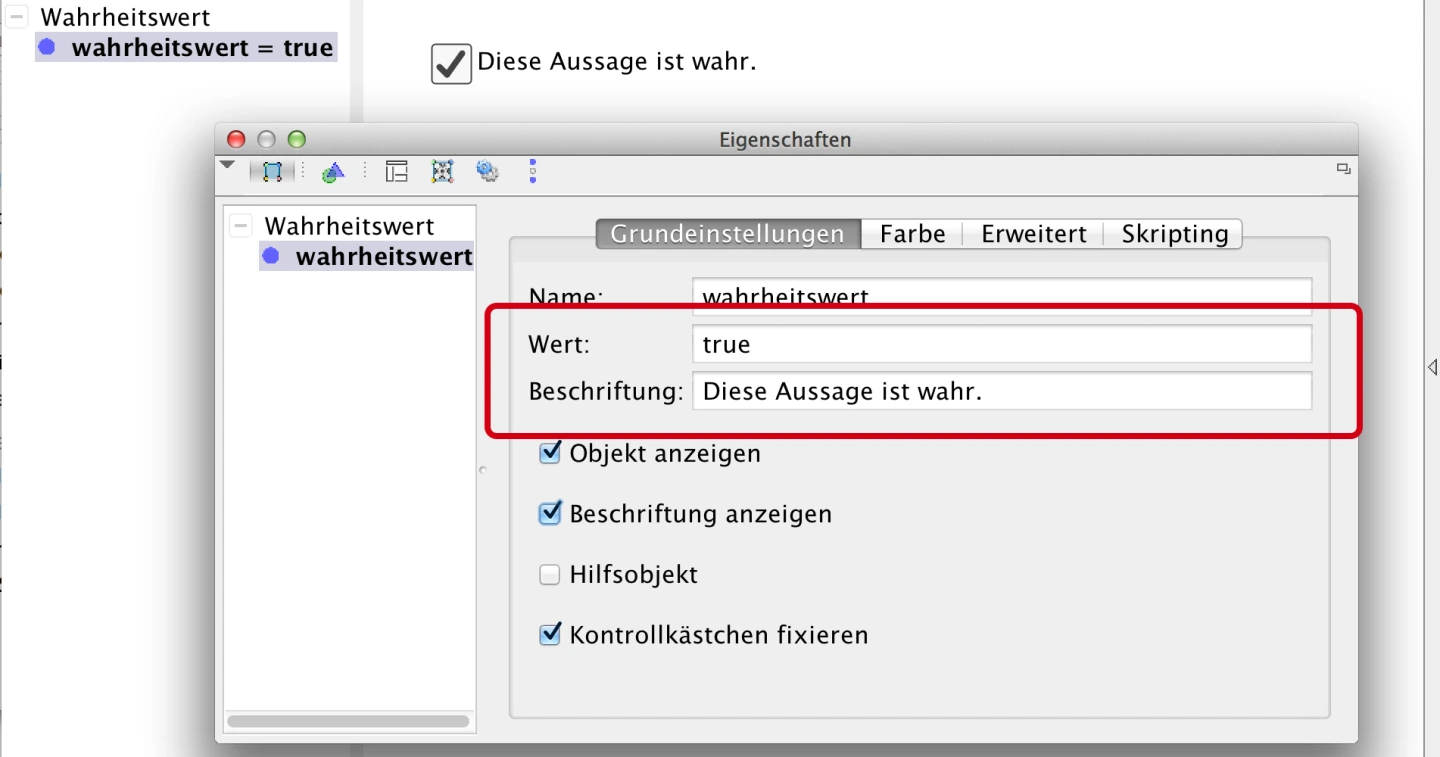 Screenshot GeoGebra Eigenschaften, Grundeinstellungen, Wert und Beschriftung hier rot umrandet