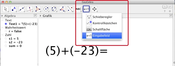 Screenshot GeoGebra Icon a=1 für Schieberegler, Kontrollkästchen, Schaltfläche und Eingabefeld