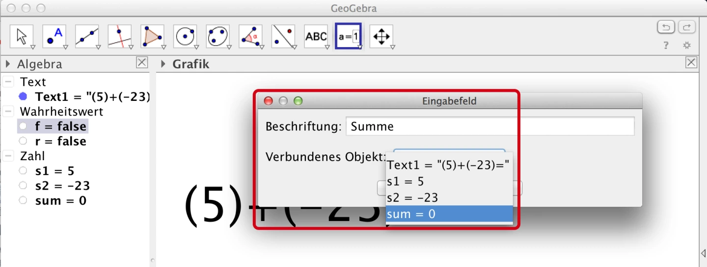 Screenshot GeoGebra Icon a=1, Eingabefeld, Verbundenes Objekt sum=0