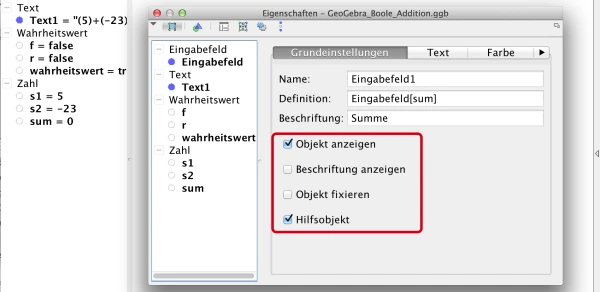 Screenshot GeoGebra Eigenschaften, Grundeinstellungen, Objekt anzeigen und Hilfsobjekt ist angeklickt