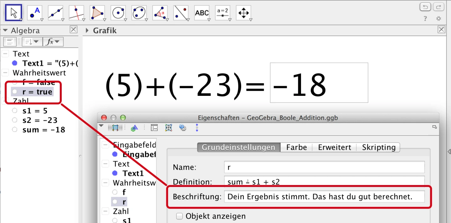 Screenshot des unter Beschriftung festgelegten Feedbacks