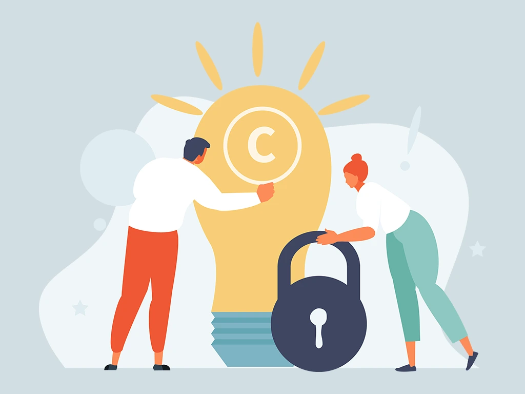 Menschen vor einem Copyright-Symbol und einem Vorhängeschloss