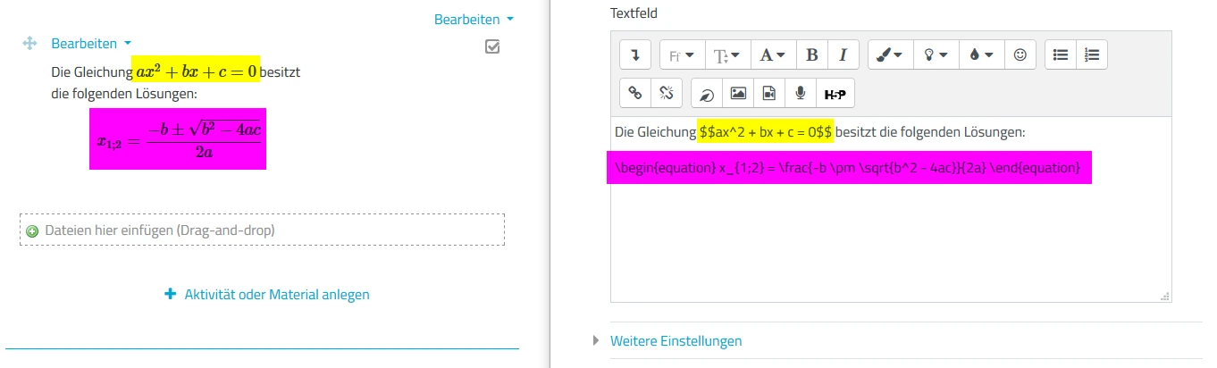 LaTeX formelsatz im mebis-Editor