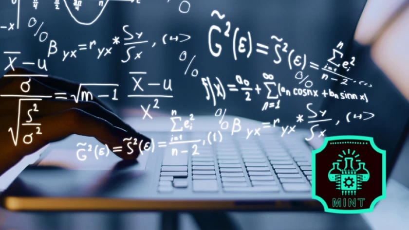 Hands using laptop with mathematical formulas. Online education concept