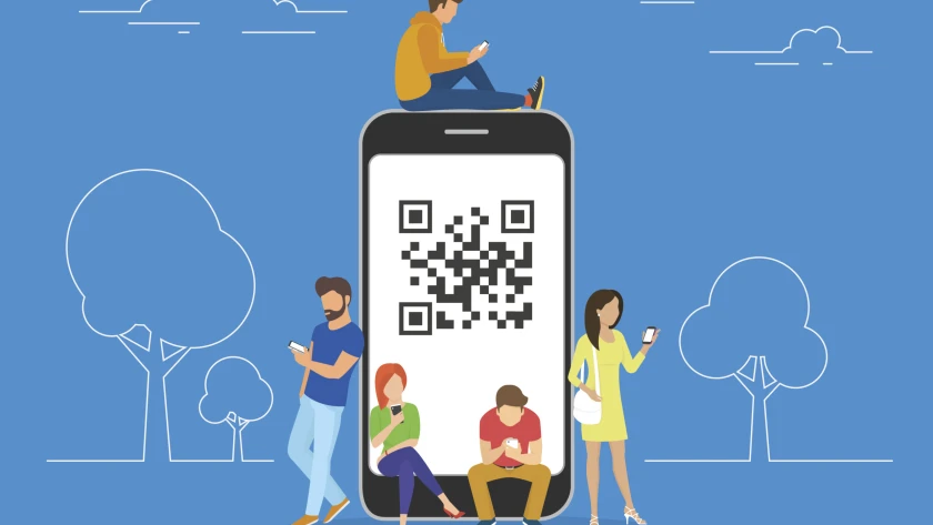 QR code concept illustration of young people scanning barcode using mobile smartphone for online shopping and payment. Flat young men and women standing near big smartphone with qr symbol on screen