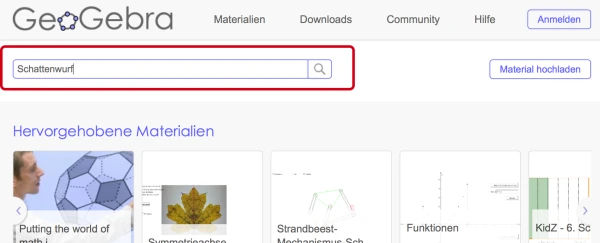 Screenshot GeoGebra Materials, Suche von Applets