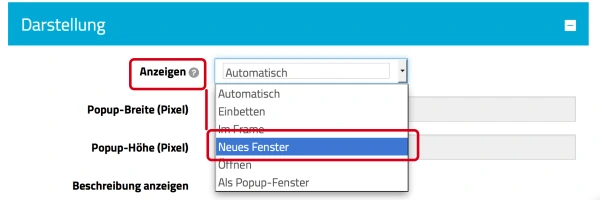 Screenshot Darstellung Anzeigen dann neues Fenster