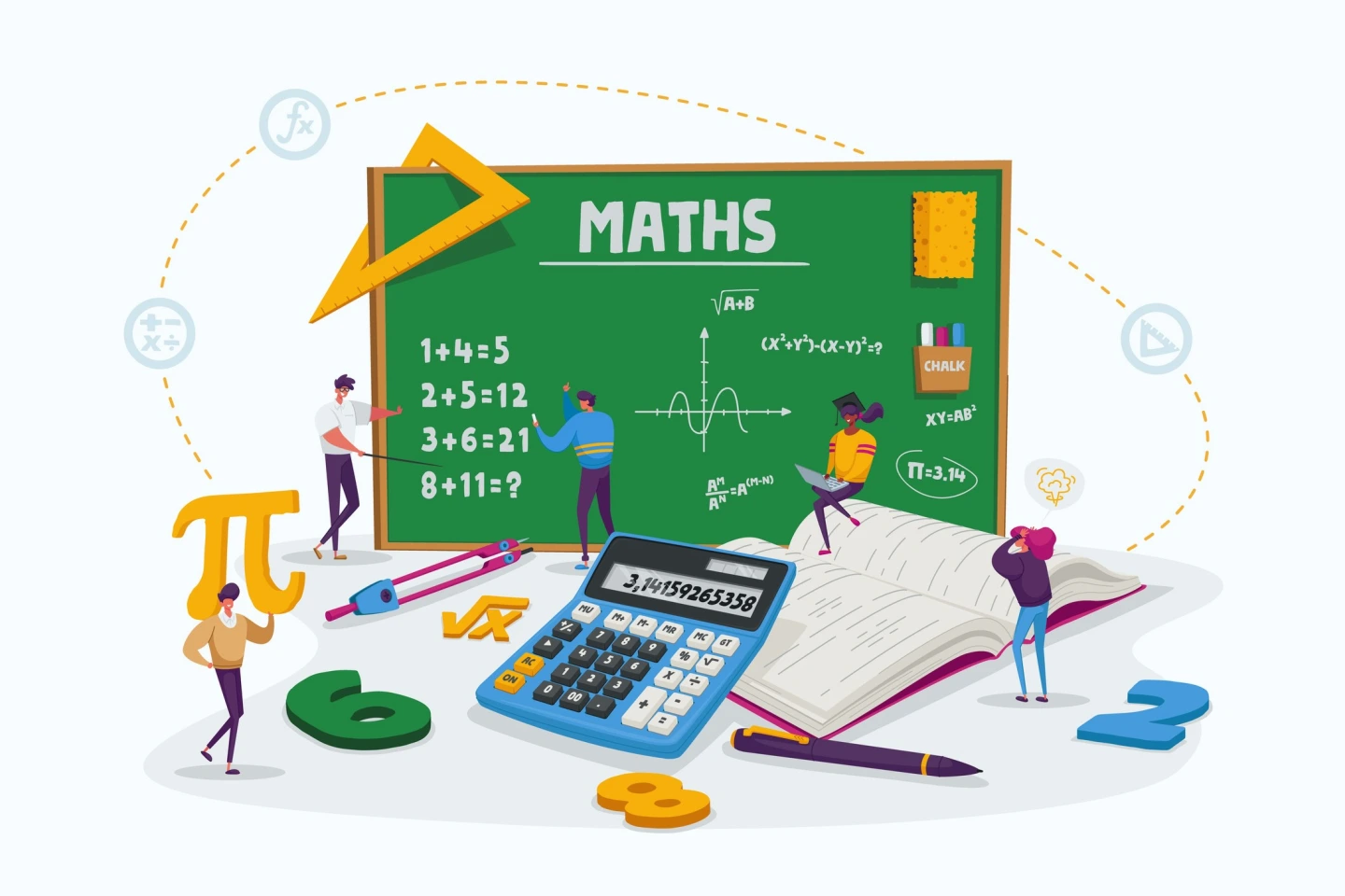 Kleine Figuren stehen vor einer großen Mathetafel umgeben von mathematischen Hilfsmitteln