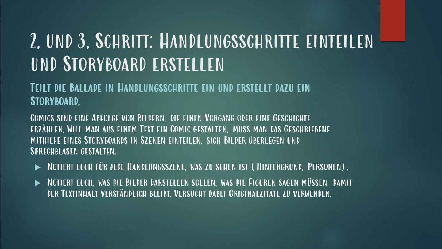 Arbeitsanweiung zur Einteilung der Handlungsschritte und Erstellung des Storyboards