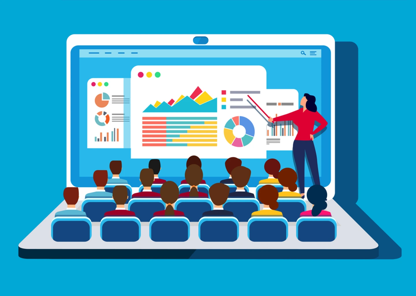 Illustration: Laptop mit Klasse auf der Tastatur und Lehrkraft im Monitor