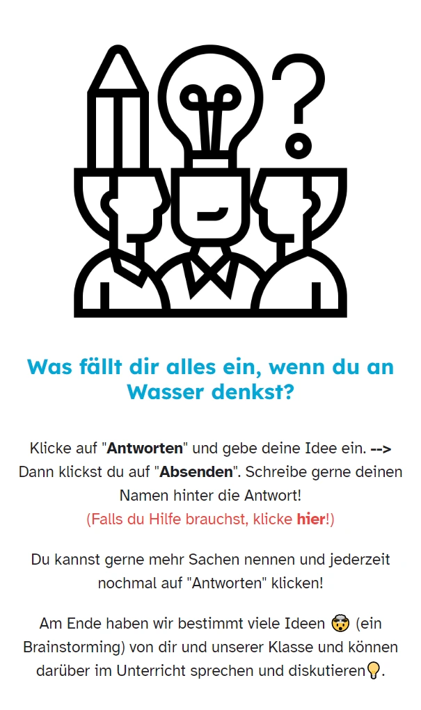 Screenshot aus einem teachSHARE-Kurs mit einem Arbeitsauftrag: Die Lernenden sollen überlegen, was ihnen einfällt, wenn sie an Wasser denken.