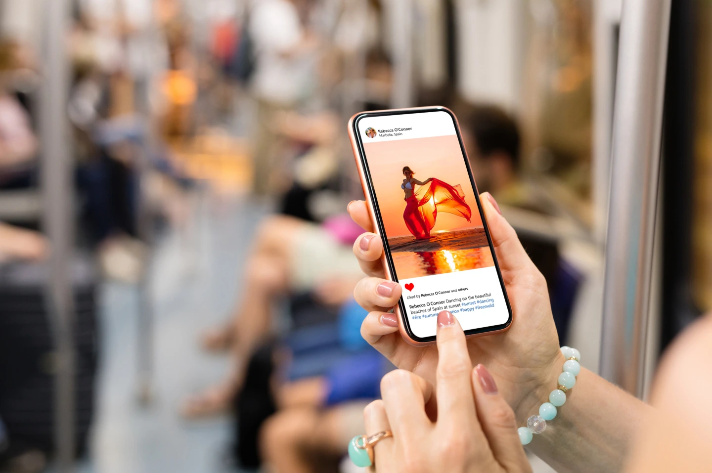 Woman viewing someone's photo on mobile phone