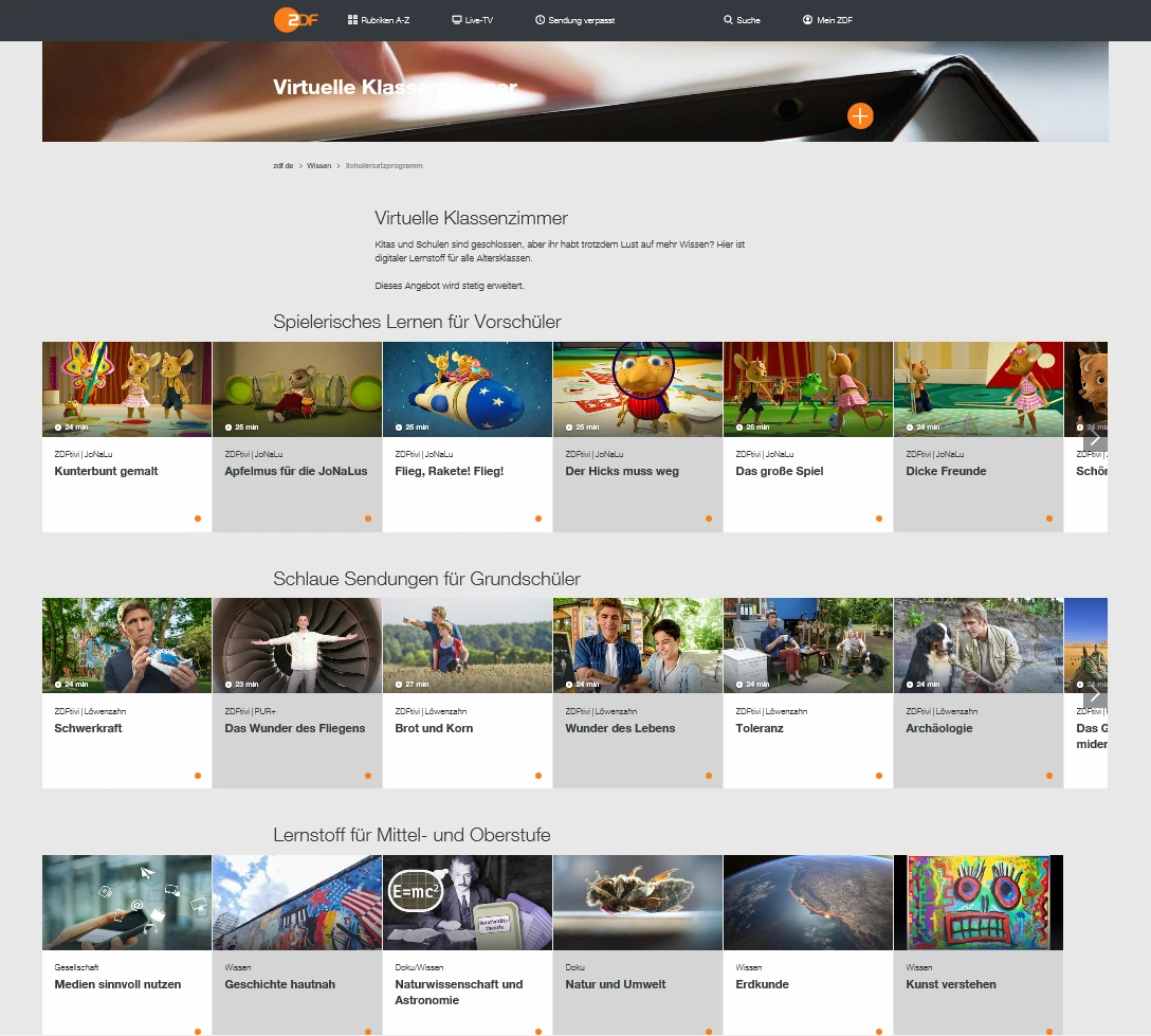 Screenshot Startseite zdf.de, Wissen, Virtuelles Klassenzimmer