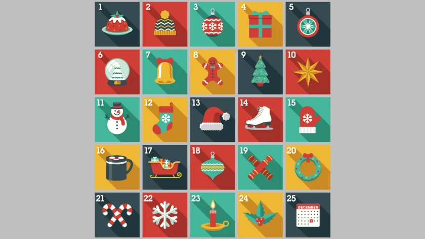 Grafik eines quadratischen Adventskalenders mit Weihnachtlichen symbolen