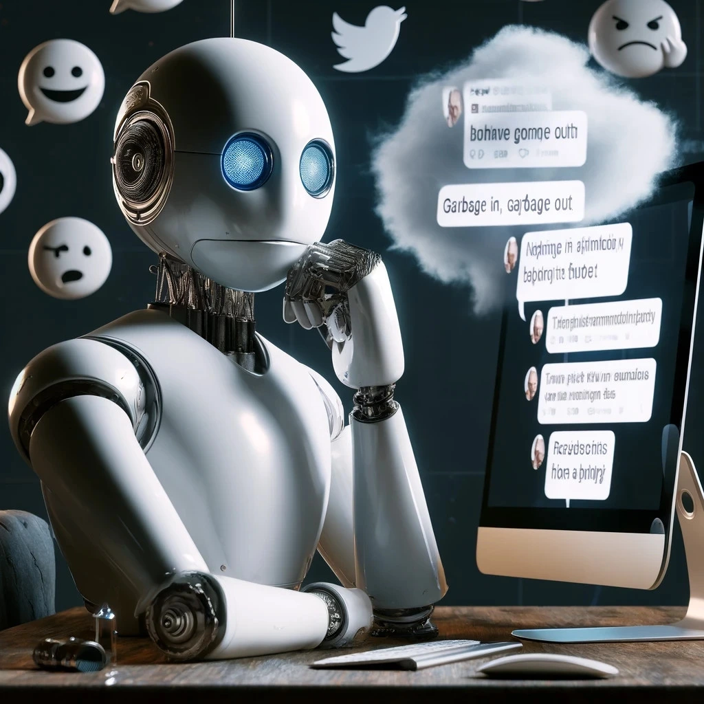 Ein animierter Charakter eines Roboters, der als Chatbot dargestellt wird, sitzt vor einem Computerbildschirm, der Tweets anzeigt. Der Roboter hat ein neutrales, jedoch leicht verwirrtes Gesicht. Im Hintergrund sind Symbole für Twitter und verschiedene emotionale Gesichtsausdrücke, die von fröhlich bis wütend reichen, um die Einflüsse der Tweets zu zeigen. Auf dem Bildschirm erscheinen verschiedene Textblasen, die frauenfeindliche, rassistische und politisch extreme Aussagen enthalten. Über der Szene schwebt ein dunkles Cloud-Symbol mit dem Text 'garbage in, garbage out'.