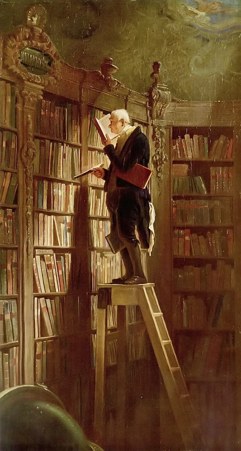 Carl Spitzweg vor einem riesigen Bücherregal