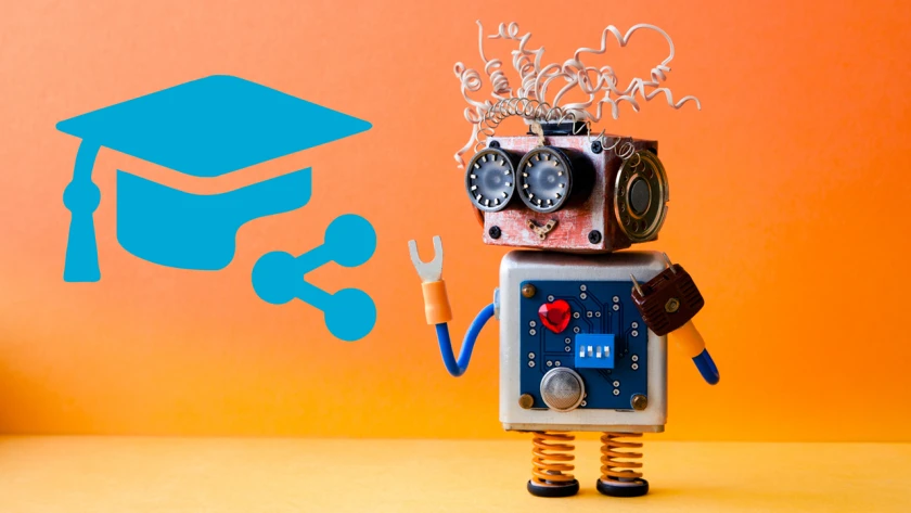 kleiner Roboter mit teachSHARE-Logo