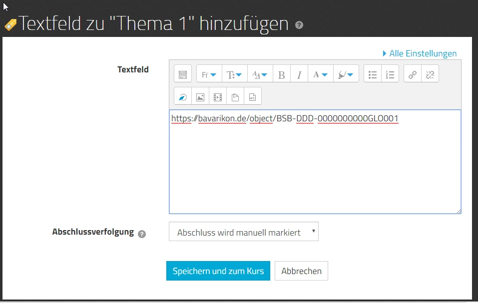 Screenshot Textfeld Einfügen des Links