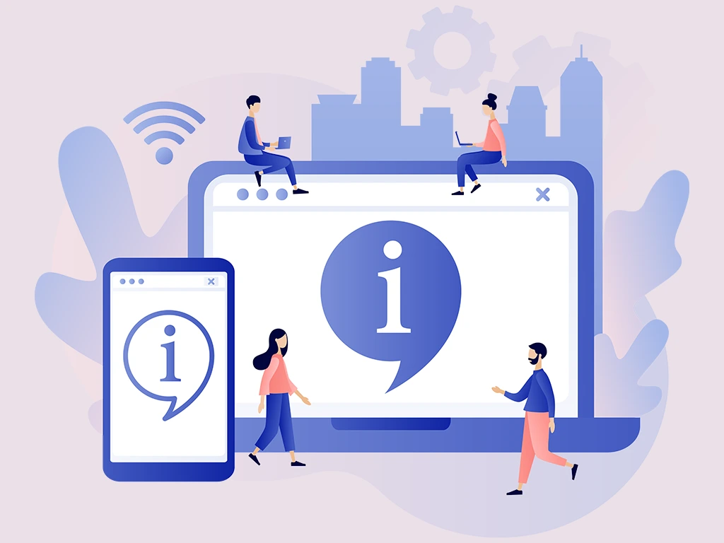 Menschen und verschiedene digitale Gräte mit einem Info-Symbol