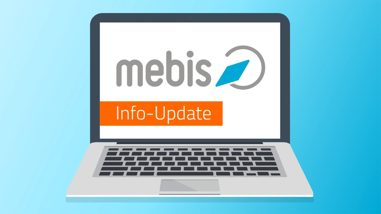 Laptop mit mebis-Logo und Schriftzug Info-Update