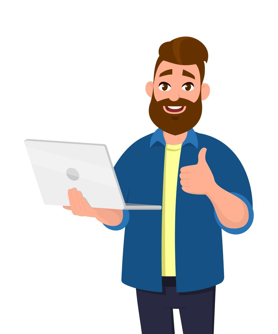 Lehrer mit Laptop und Daumen hoch