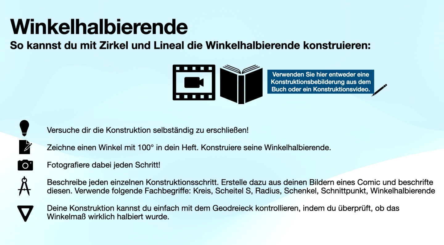 Comicanleitung zur Konstruktion einer Winkelhalbierenden - Arbeitsauftrag