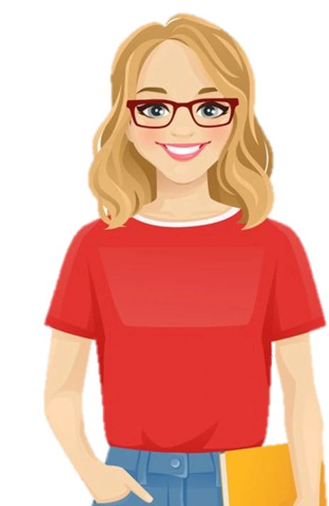 Lächelnde blonde Frau mit Brille und rotem T-Shirt