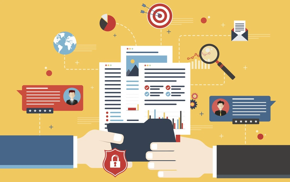 Transfer of confidential documents between businessmen, with reports and analysis of data. Concept of private data sharing and secret business investments. Flat vector illustration.