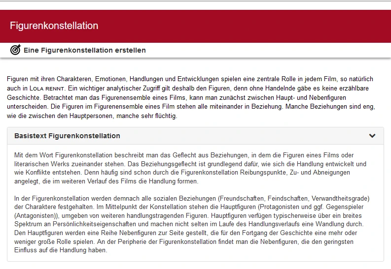 Screenshot eines Basistextes zur Figurenkonstellation