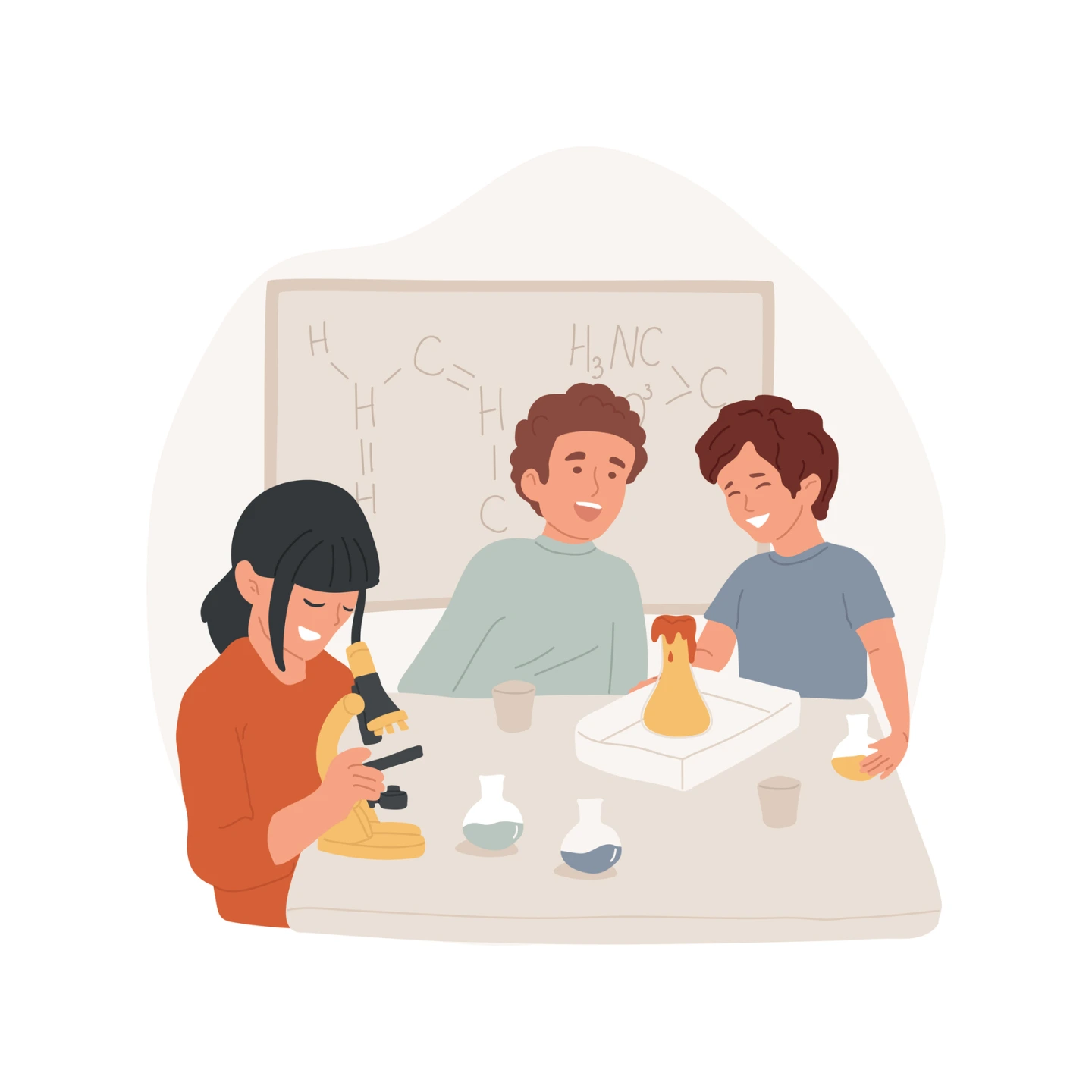 3 Schulkinder führen Experimente im Chemieunterricht durch
