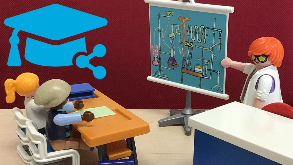 Playmobil Chemieunterricht: zwei Schüler und eine Lehrerin an der Tafel