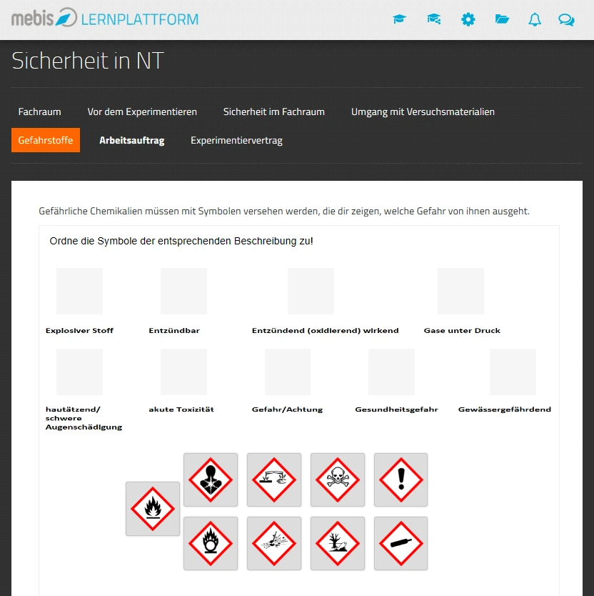 Überblick Kurs mit Drag and Drop Aufgabe zu Gefahrensymbolen