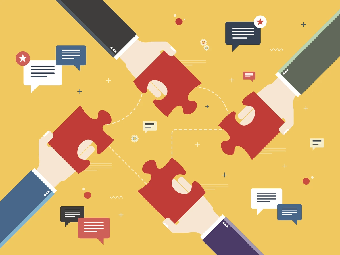 Hands holding puzzle pieces and and message icons with feedback texts. Concept of teamwork, cooperation, partnership, success, team, business, strategy and feedback.