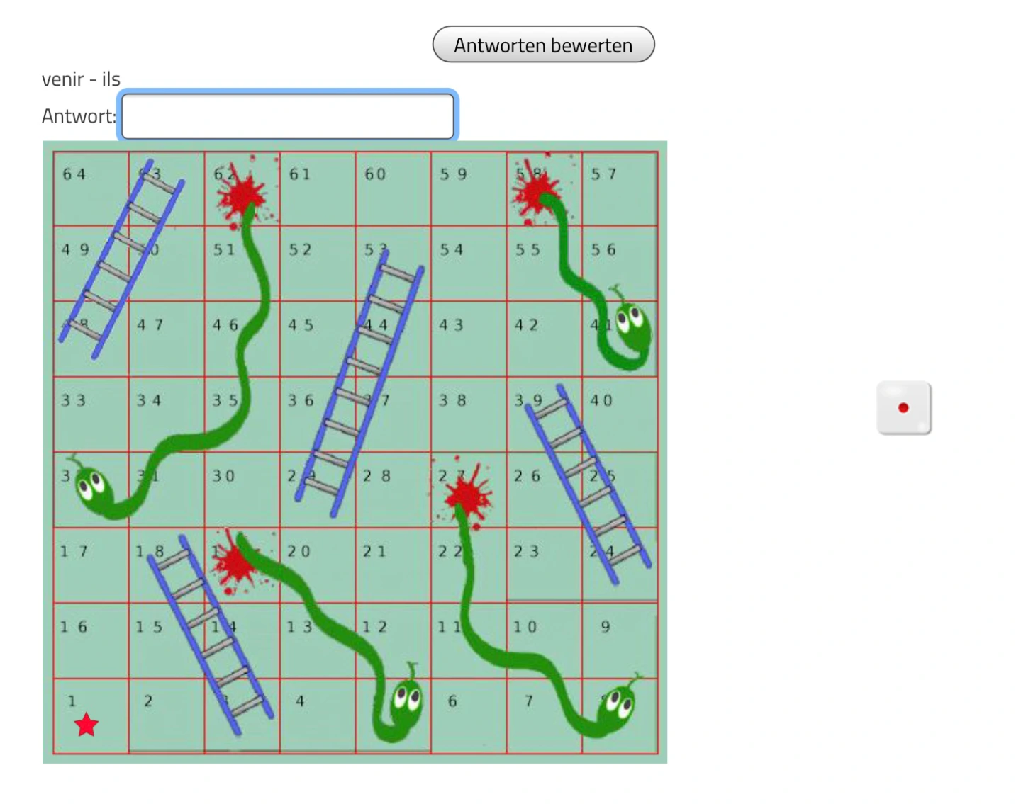 Screenshot aus dem teachSHARE-Kurs mit Übungsform "serpents et échelles"