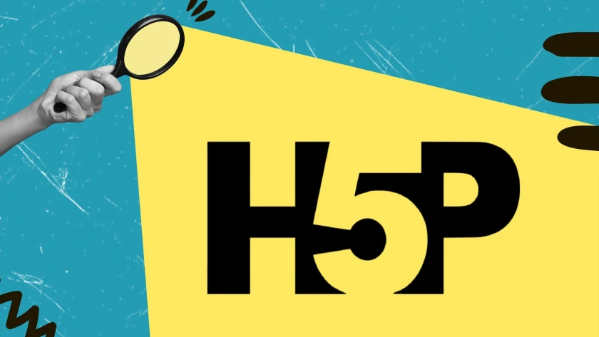 Eine Lupe wird auf das H5P-Logo gerichtet