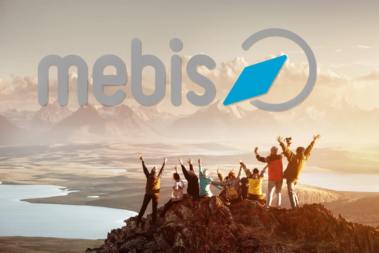 Team auf Berggipfel mit mebis-Logo