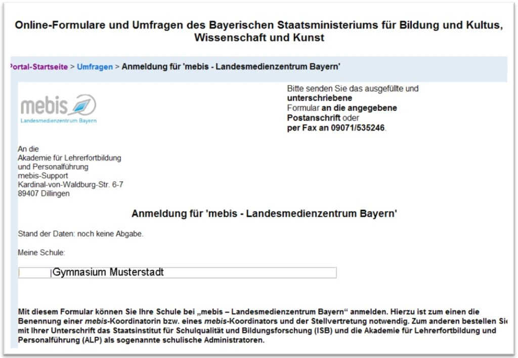 Screenshot des Online-Formulars zur Anmeldung bei mebis