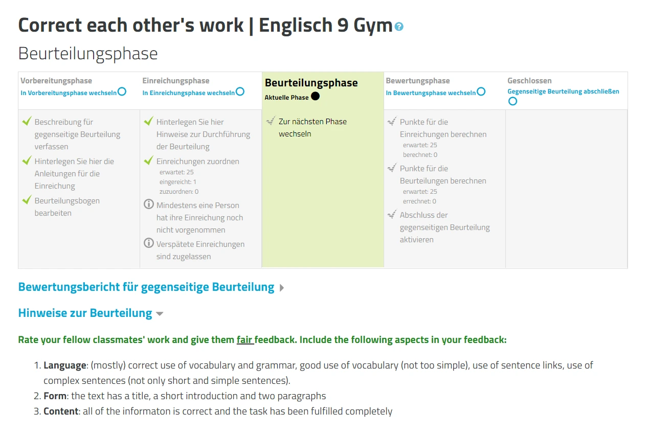 Screenshot: Gegenseitige Beurteilung Phasen