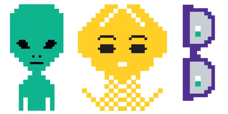 Illustration zweiter verpixelter Monster und einer Brille