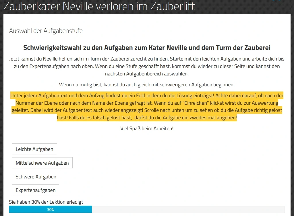 Screenshot Auswahl des Niveaus