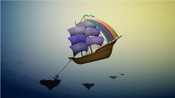 fliegendes Schiff ankert