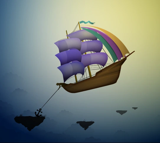 fliegendes Schiff ankert