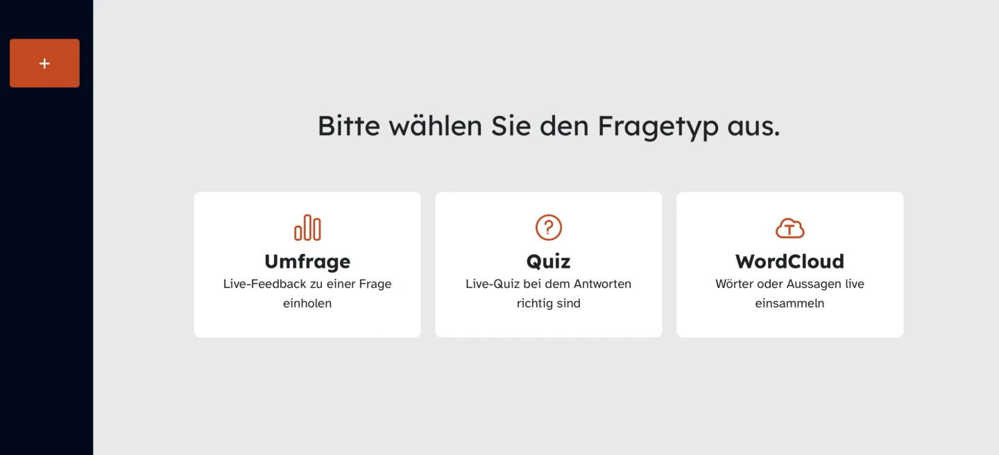 Zu sehen ist eine Übersichtsseite über die drei Fragetypen, aus denen Lehrkräfte in Mootimeter wählen können - Umfrage (Live-Feedback zu einer Frage einholen), Quiz (Live-Quiz bei dem Antworten richtig sind) und WordCloud (Wörter oder Aussagen live einsammeln)