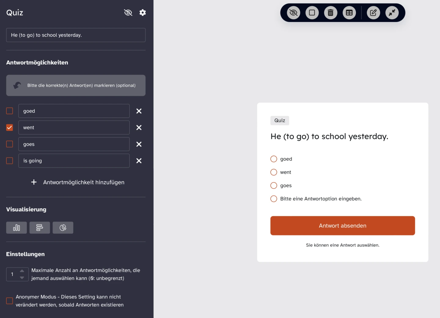 Zu sehen ist die Ansicht für lehrkräfte für die Einstellungsmöglichkeiten beim Erstellen eines Quiz. Links wird ganz oben die Frage eingegeben (He (to go) to school yesterday), darunter die Antwortmöglichkeiten (goed, went, goes, is going), wobei hier die richtige, mehrere richtige oder gar keine Antwort markiert werden kann. Unten kann wiederrum die Art der Visualisierung der Ergebnisse gewählt werden. Auf der rechten Seite ist die Vorschau der Frage zu sehen.