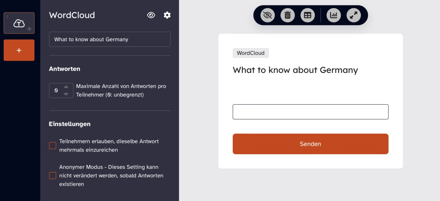 zu sehen ist die Erstellseite einer WordCloud, wie sie Lehrenden angezeigt wird. Links oben kann eine Frage (hier: What to know about Germany?) oder ein Prompt eingegeben werden, darunter dann die Anzahl der möglichen Antworten (auch eine unbgerenzte Anzahl ist möglich). unten kann noch ausgewählt werden, ob das Beantworten anonym stattfinden soll und ob Teilnehmenden dieselbe Antwort mehrmals einreichen können. Auf der rechten Srite ist die Vorschau des Fragefeldes zu sehen.