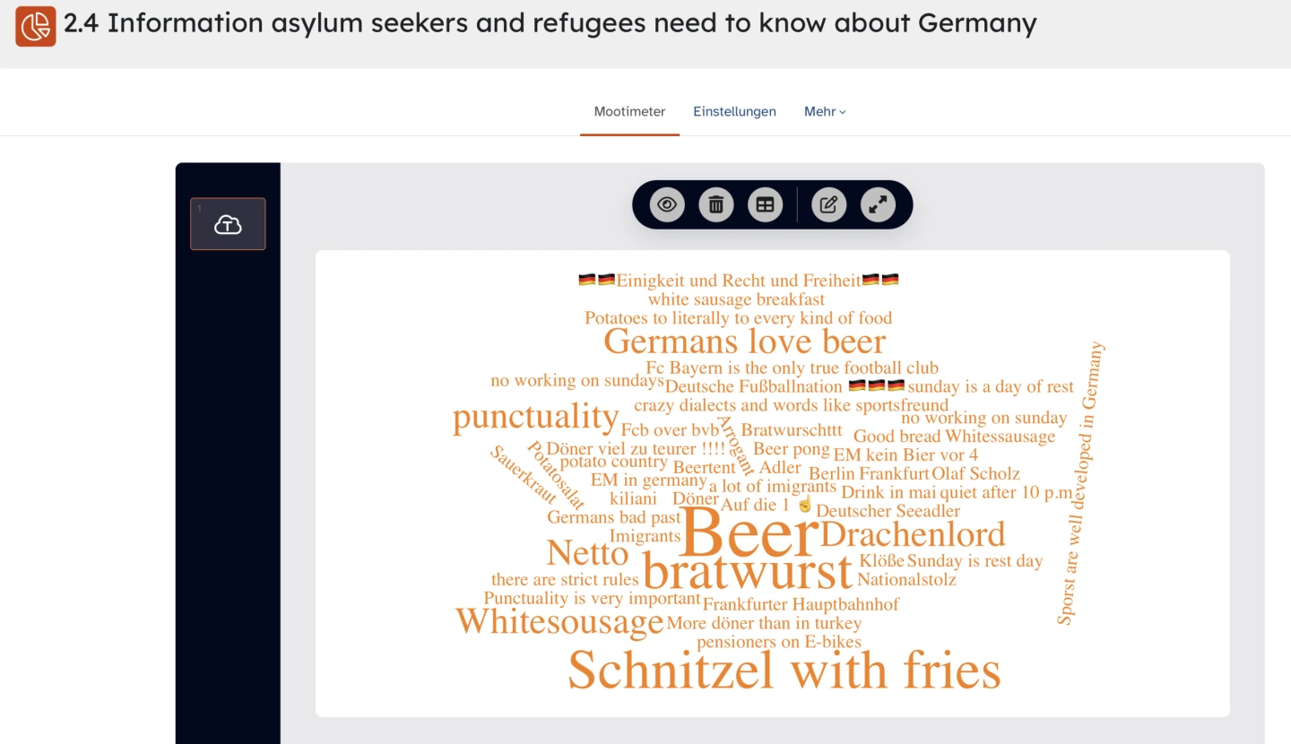 Zu sehen ist das Ergebnis einer WordCloud zum Thema "Information asylum seekers and refugees need to know about Germany". Die Schriftart der Antworten wird größer, je häufiger die Antwort gegeben wurde. Am größten geschrieben sind die Begriffe Beer, Schnitzel with fries, bratwurst and punctuality.