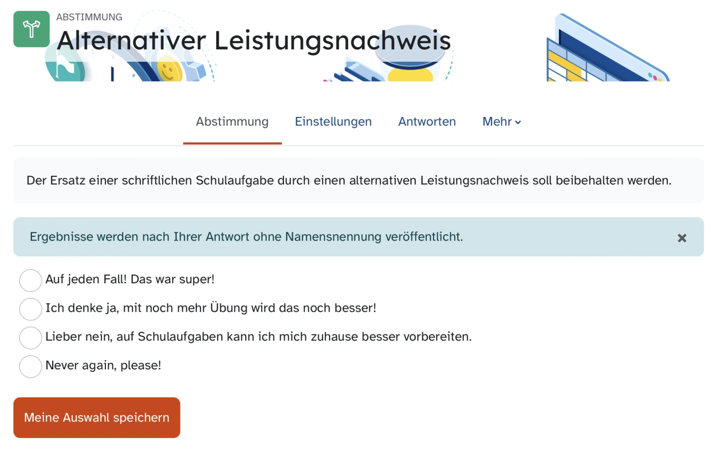 Die Grafik zeigt einen Screenshot. Die Schülerinnen und Schüler sollten anonym abstimmen, ob sie für die Beibehaltung alternativer Leistungsnachweise sind.